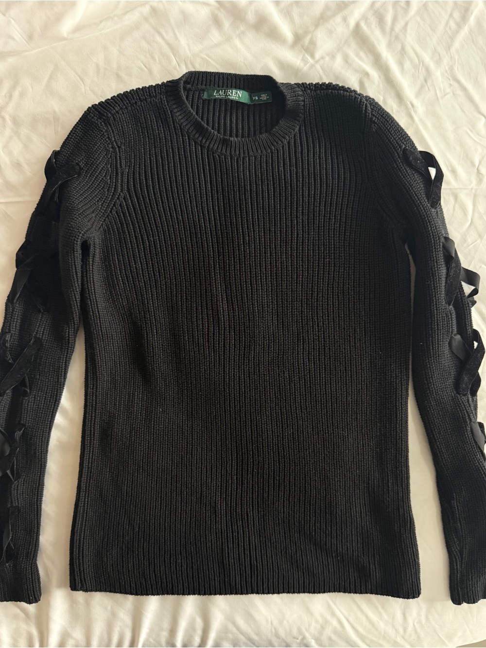 Ralph Lauren Black Lace-up Sleeve Crewneck Sweater 100% Cotton
